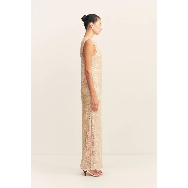 High neck sleeveless maxi dress in macadamia in an embellished mesh.