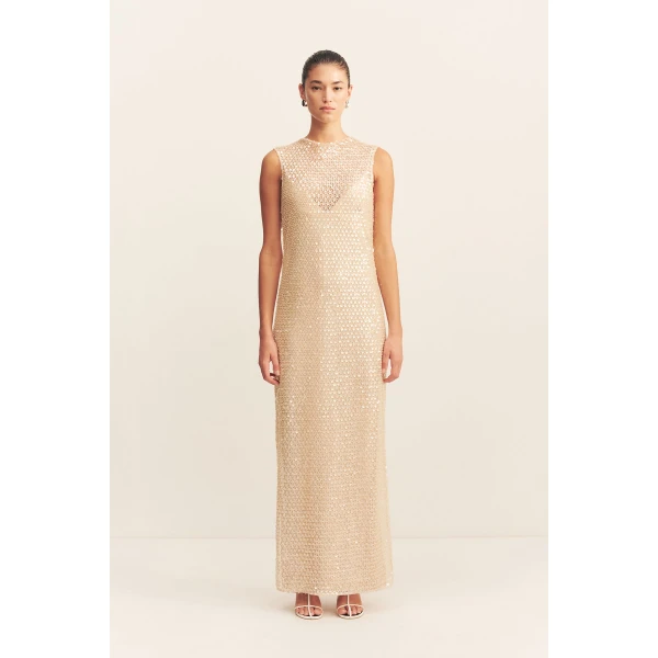 High neck sleeveless maxi dress in macadamia in an embellished mesh.