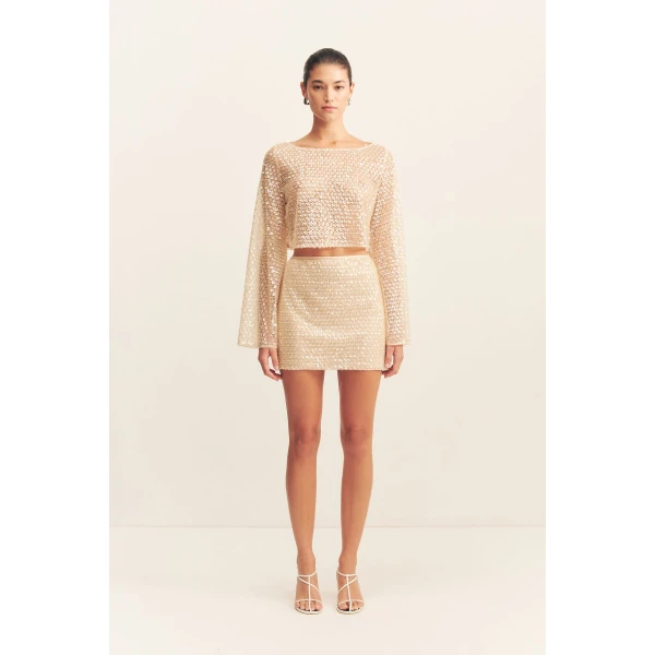 Long sleeve top in a macadamia sequin and bead embellished mesh.