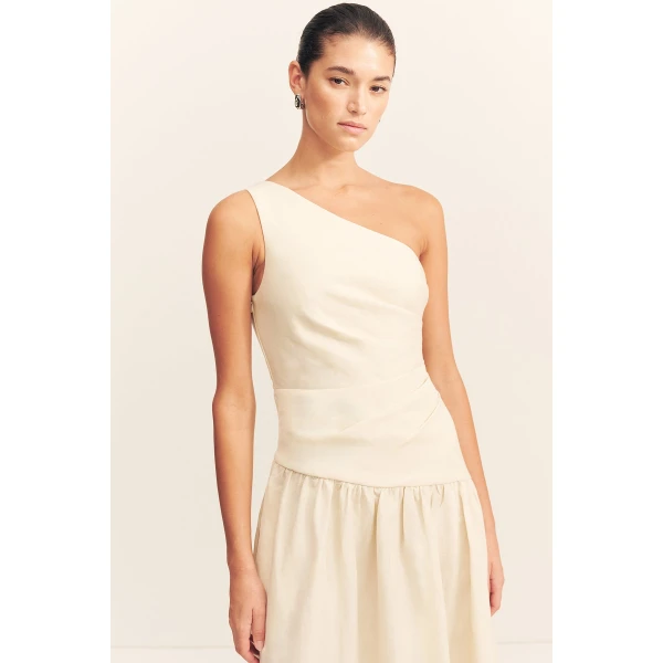 Draped one shoulder maxi dress in a premium linen blend in ecru.