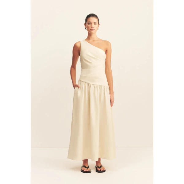 Draped one shoulder maxi dress in a premium linen blend in ecru.