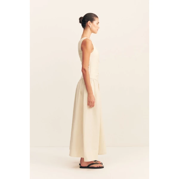 Draped one shoulder maxi dress in a premium linen blend in ecru.