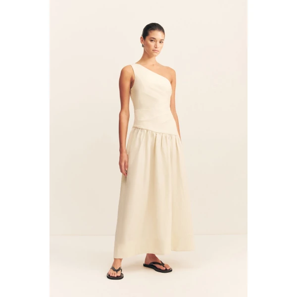 Draped one shoulder maxi dress in a premium linen blend in ecru.