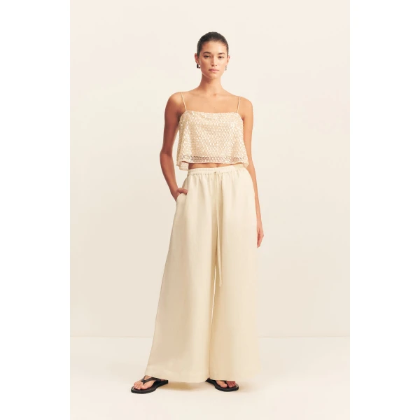 Wide leg drawstring pant in a premium linen blend in ecru.