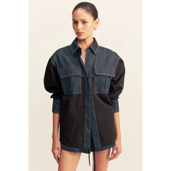 Long sleeve shirt in a dark wash denim contrasted with a black cotton poplin.