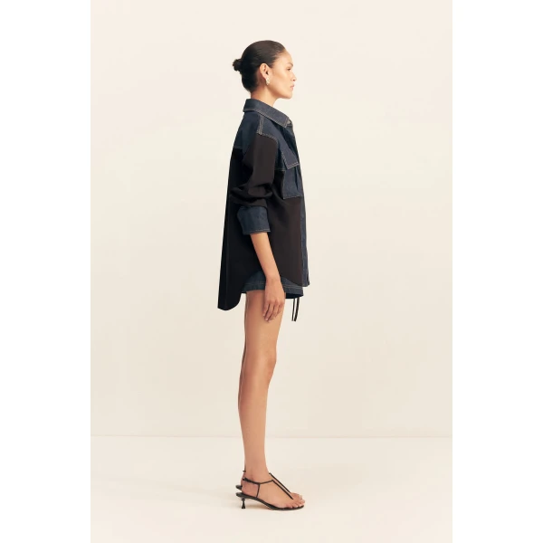 Long sleeve shirt in a dark wash denim contrasted with a black cotton poplin.