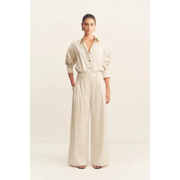 High waisted relaxed pant in blanc pinstripe in a premium striped cotton.