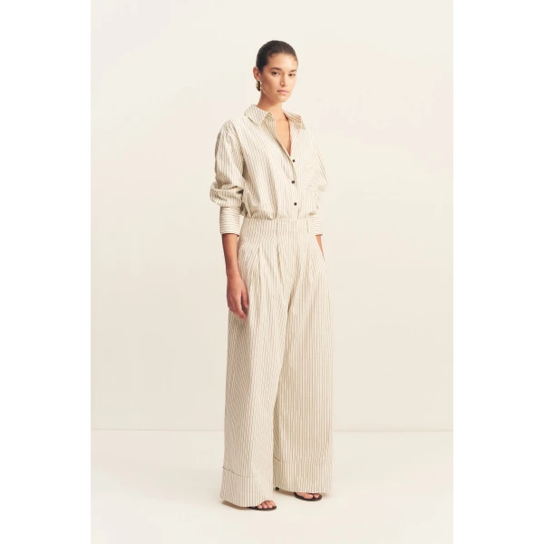 High waisted relaxed pant in blanc pinstripe in a premium striped cotton.