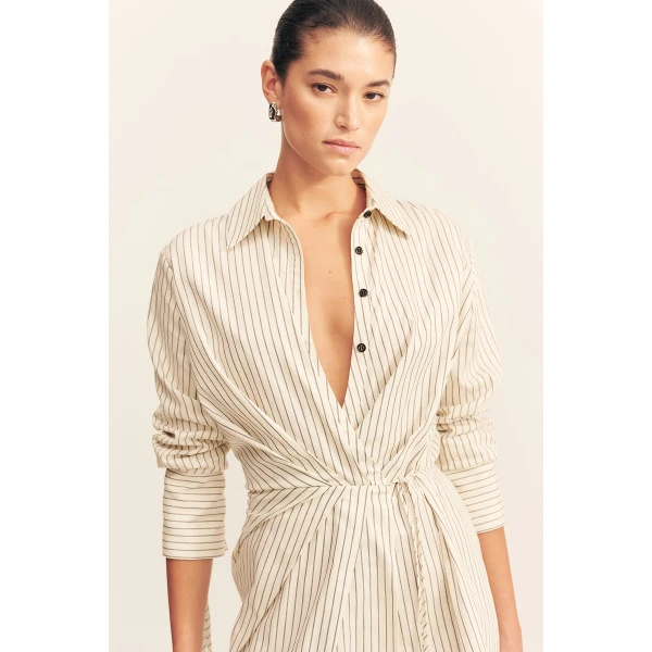 Long sleeve shirt wrap mini dress in blanc pinstripe in a premium striped cotton.