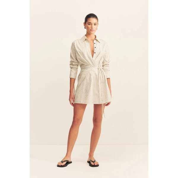 Long sleeve shirt wrap mini dress in blanc pinstripe in a premium striped cotton.