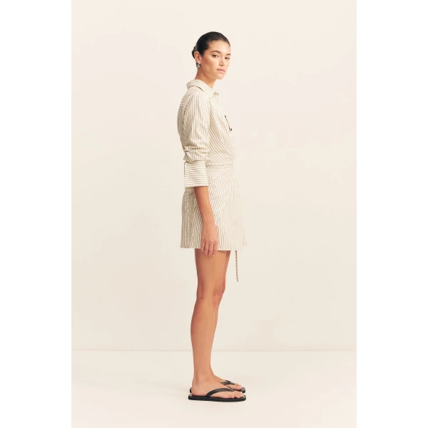 Long sleeve shirt wrap mini dress in blanc pinstripe in a premium striped cotton.