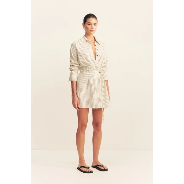 Long sleeve shirt wrap mini dress in blanc pinstripe in a premium striped cotton.