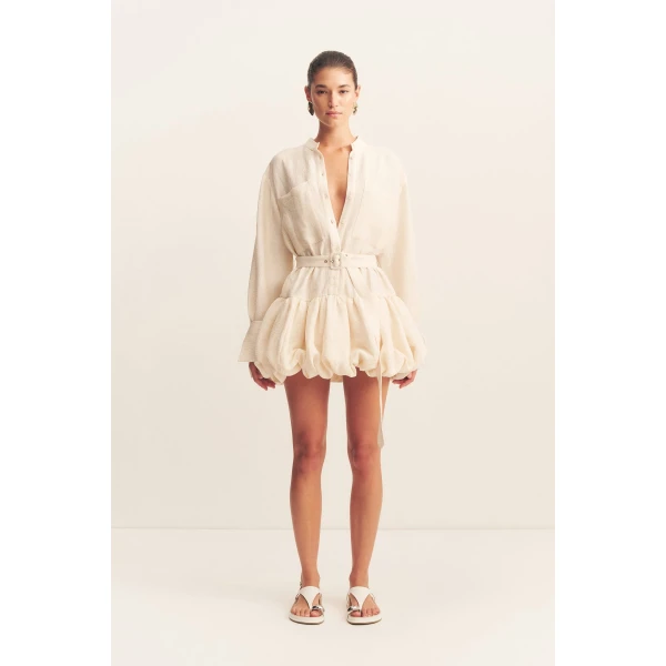 Bubble hem shirt mini dress in resin in a textured rib linen blend.