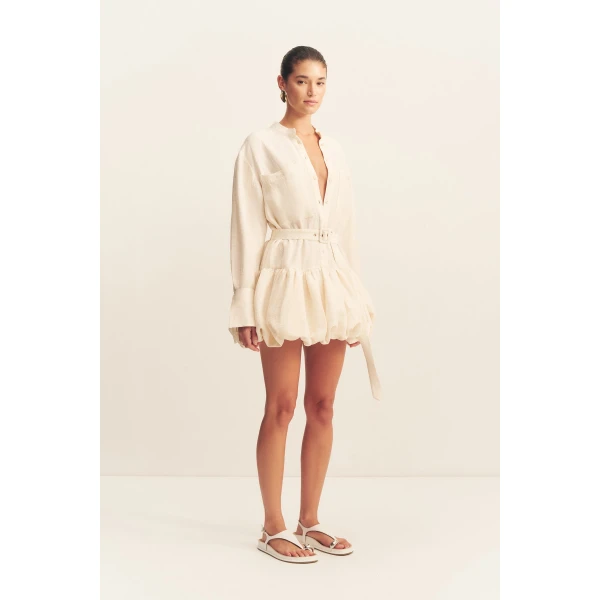 Bubble hem shirt mini dress in resin in a textured rib linen blend.