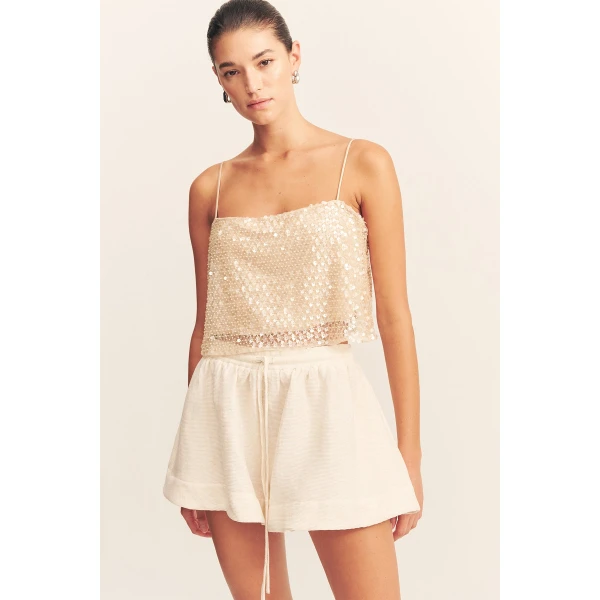 Elasticated wide leg short in resin in a textured rib linen blend.