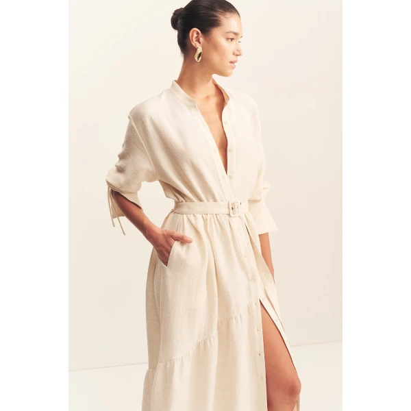 Tiered long sleeve maxi dress in resin in a textured rib linen blend.