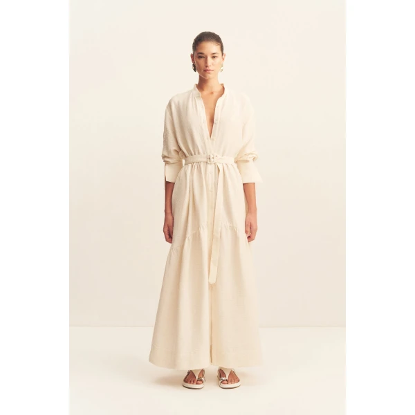 Tiered long sleeve maxi dress in resin in a textured rib linen blend.