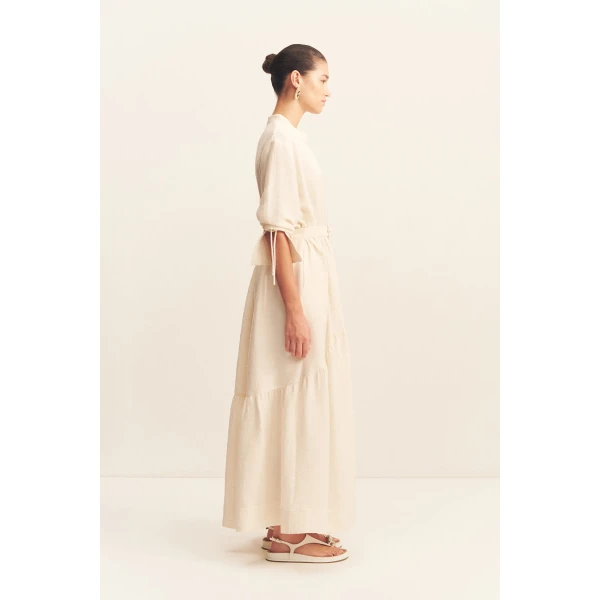 Tiered long sleeve maxi dress in resin in a textured rib linen blend.