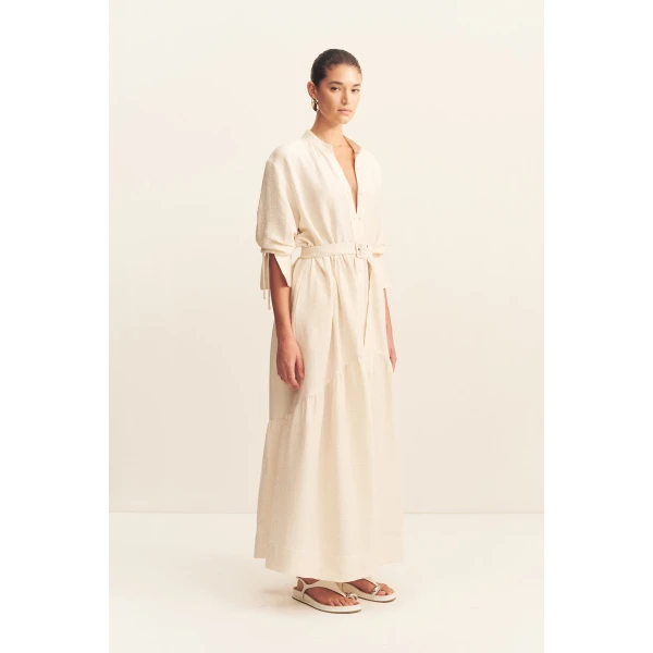 Tiered long sleeve maxi dress in resin in a textured rib linen blend.