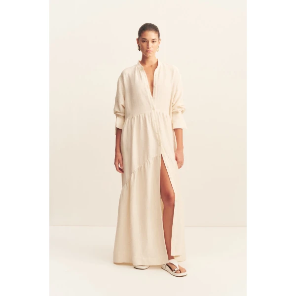 Tiered long sleeve maxi dress in resin in a textured rib linen blend.
