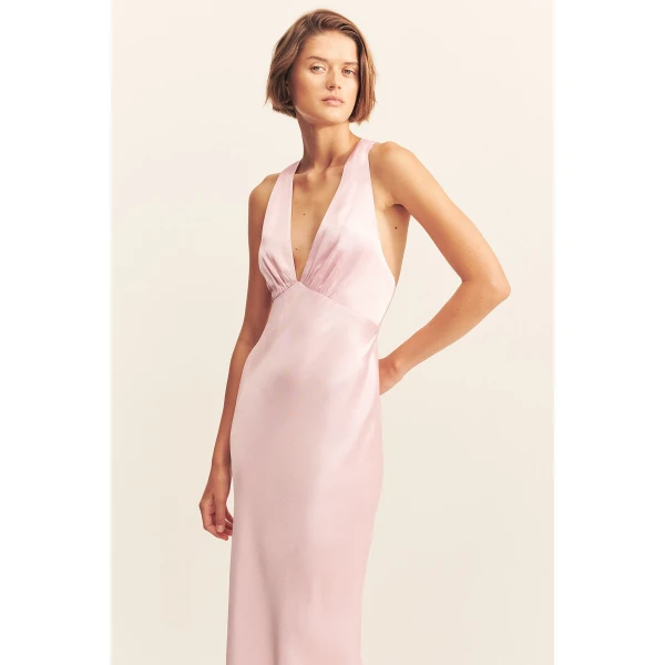 Plunged cross back maxi dress in blossom in a LENZING ECOVERO with luxurious satin finish.