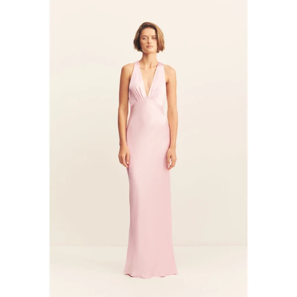 Plunged cross back maxi dress in blossom in a LENZING ECOVERO with luxurious satin finish.