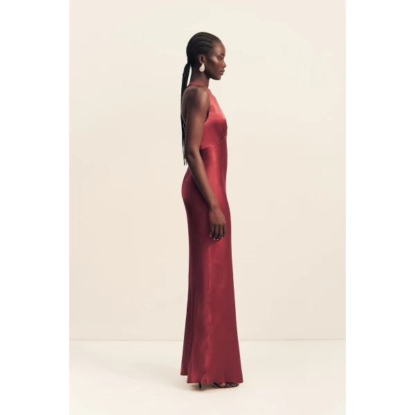 Plunged cross back maxi dress in a LENZING ECOVERO with luxurious satin finish.