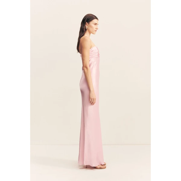 Strapless maxi dress with ruched bodice detail in blossom in a LENZING ECOVERO with luxurious satin finish.