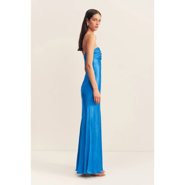 Strapless maxi dress with ruched bodice detail in aqua in a LENZING ECOVERO with luxurious satin finish.