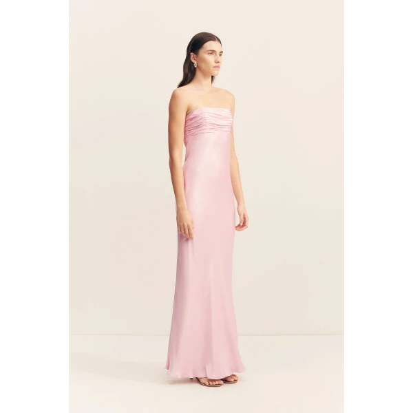 Strapless maxi dress with ruched bodice detail in blossom in a LENZING ECOVERO with luxurious satin finish.