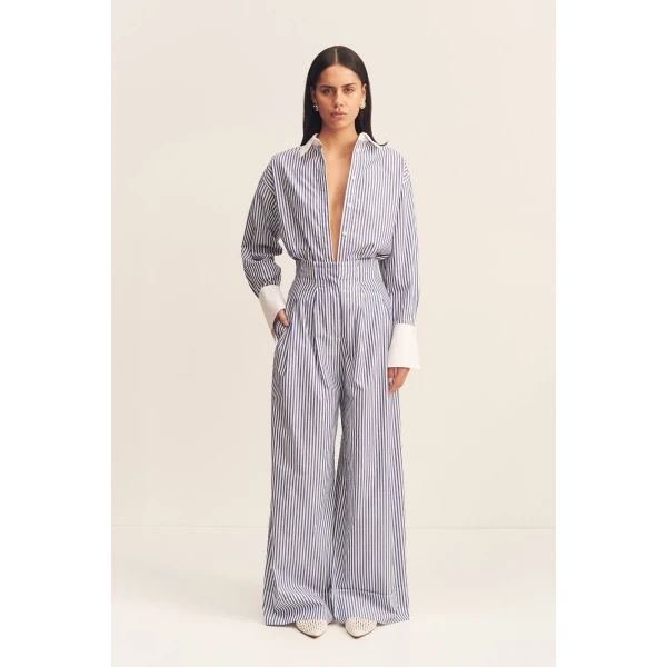 High waisted relaxed pant in a Nautical Stripe cotton shirting.