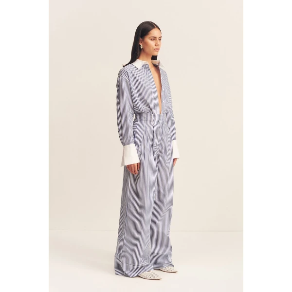 High waisted relaxed pant in a Nautical Stripe cotton shirting.