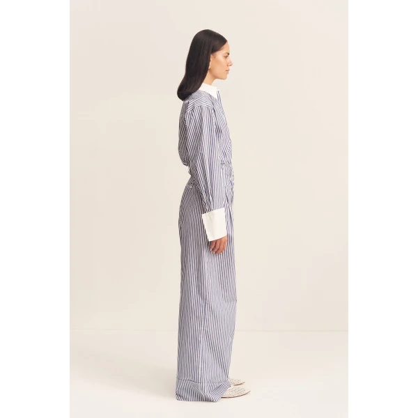 High waisted relaxed pant in a Nautical Stripe cotton shirting.