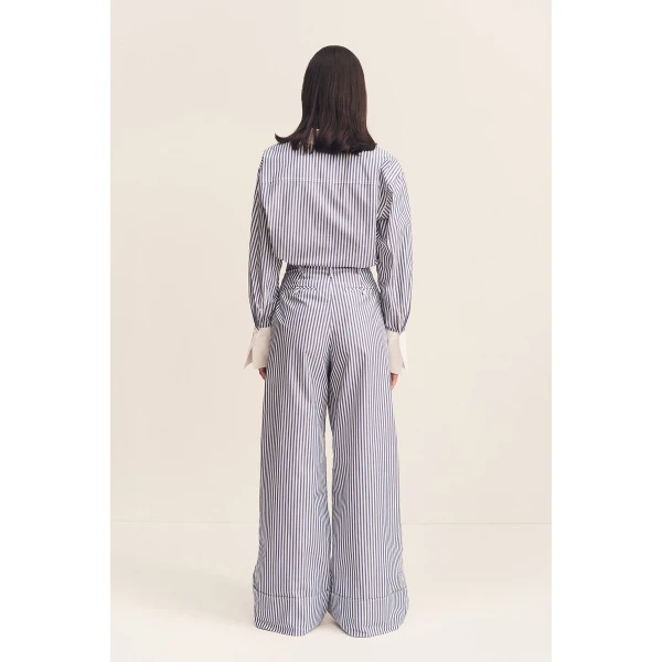 High waisted relaxed pant in a Nautical Stripe cotton shirting.