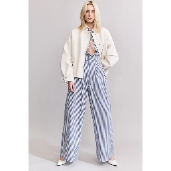 High waisted relaxed pant in a Nautical Stripe cotton shirting.