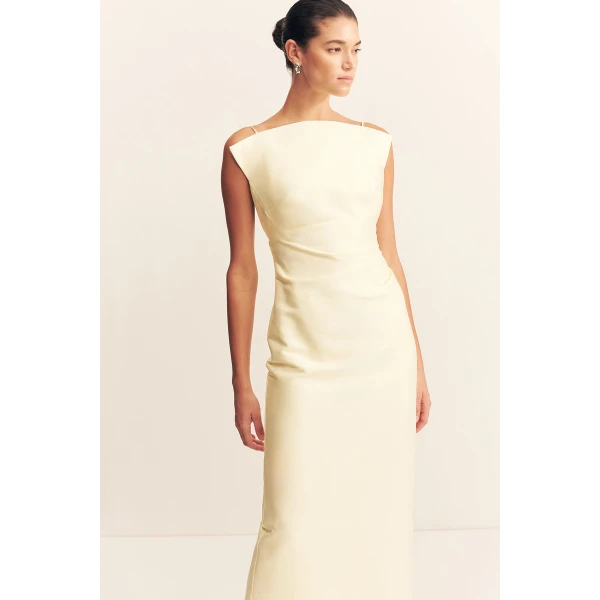 Draped high neck midi dress in yuzu in a luxurious cotton sateen blend.