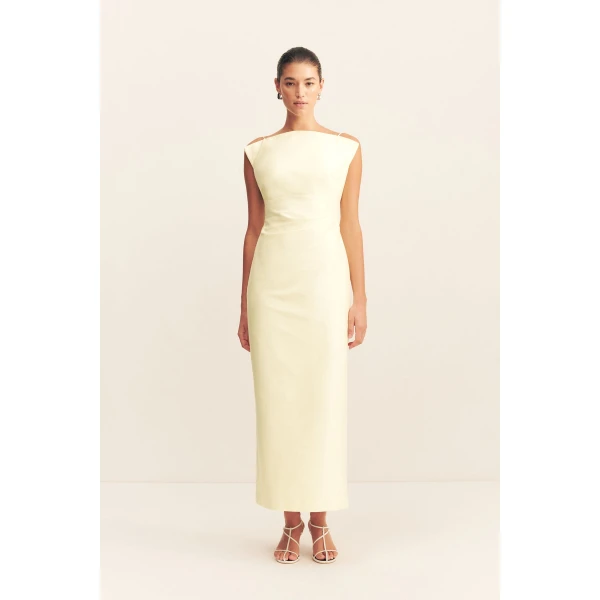 Draped high neck midi dress in yuzu in a luxurious cotton sateen blend.