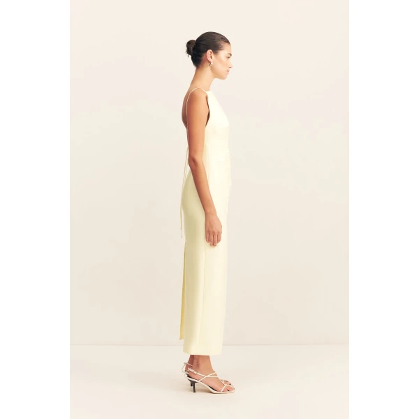 Draped high neck midi dress in yuzu in a luxurious cotton sateen blend.