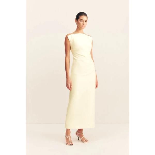 Draped high neck midi dress in yuzu in a luxurious cotton sateen blend.