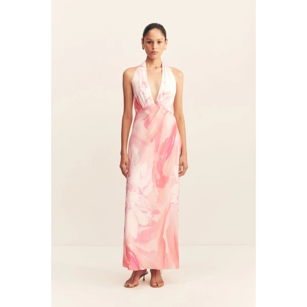 Plunged halter neck maxi dress in the petal sunrise print in a LENZING  ECOVERO  Viscose with a luxurious matte finish.