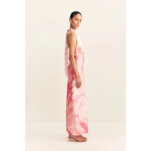 Plunged halter neck maxi dress in the petal sunrise print in a LENZING  ECOVERO  Viscose with a luxurious matte finish.