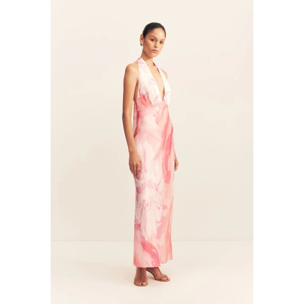 Plunged halter neck maxi dress in the petal sunrise print in a LENZING  ECOVERO  Viscose with a luxurious matte finish.