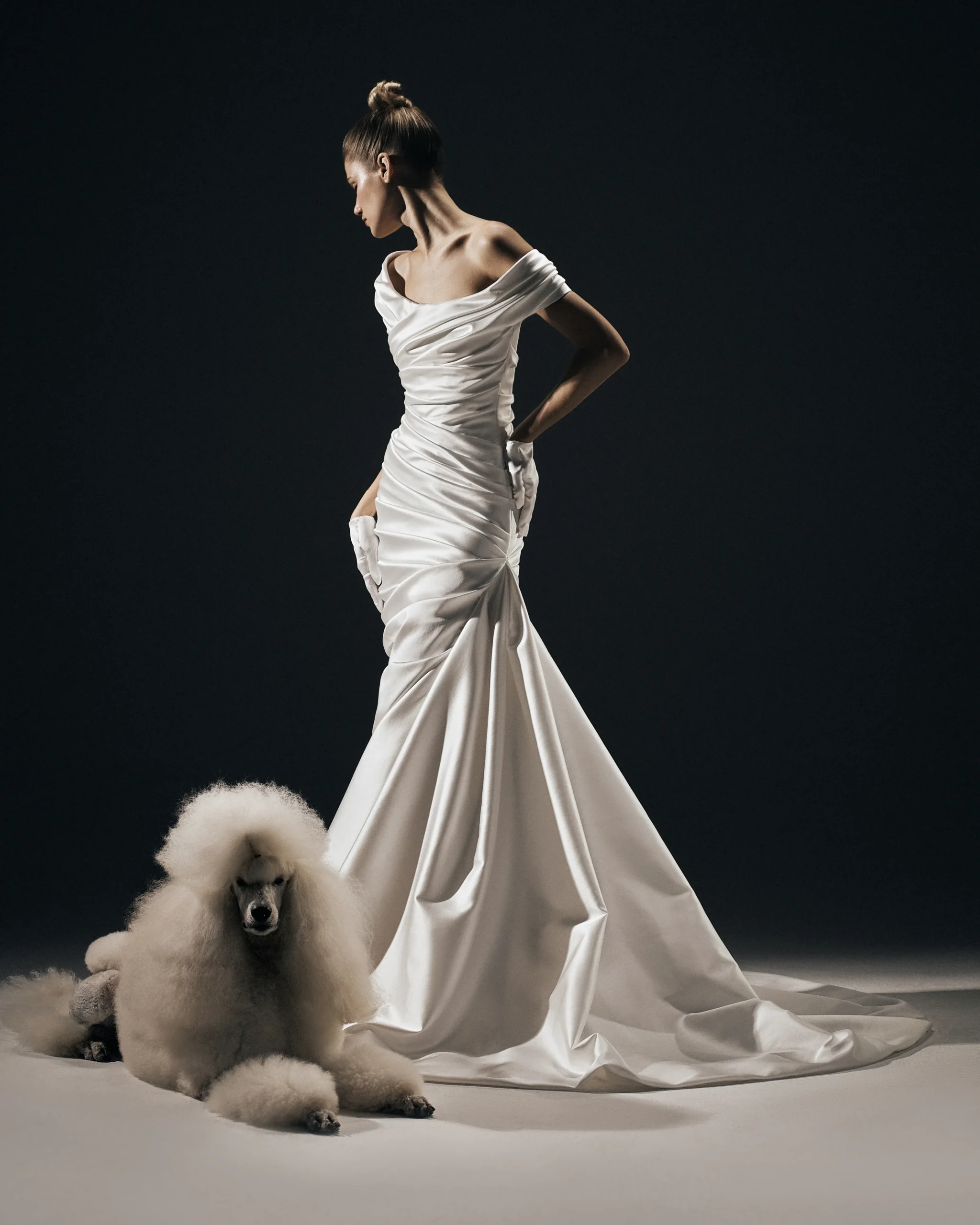 luxury wedding dress in white satin with off shoulder draping – Coveti exclusive