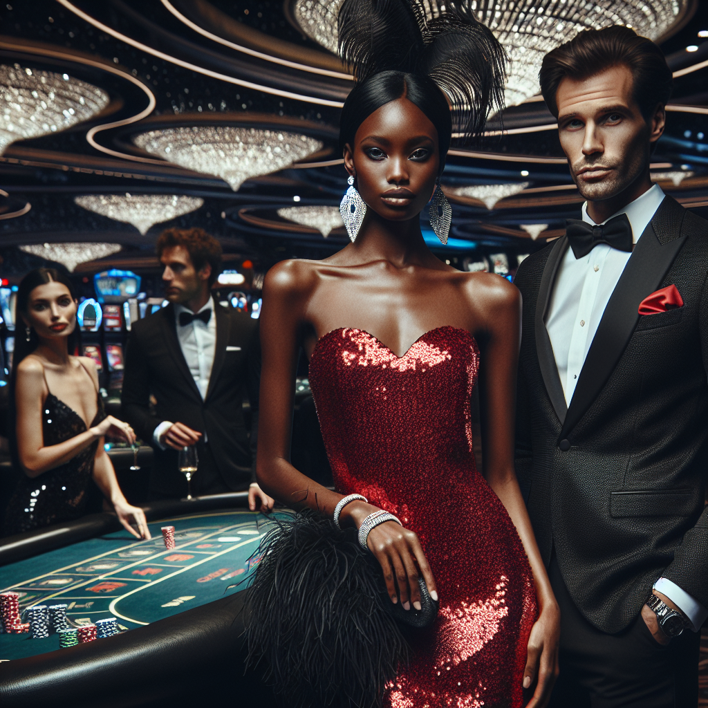 An elegant and bustling casino scene during nighttime. There are three people in the foreground of the image, all stunningly dressed for a night of gaming and socializing. The first person is a Black woman dressed in a glamorous red sequin dress, paired with glinting diamond accessories. The second person is a White man dressed in a perfectly tailored black tuxedo, a symbol of timeless fashion. The third person is a South Asian woman, who is sporting a chic black dress, combined with plumes of feathers adding drama to her attire.