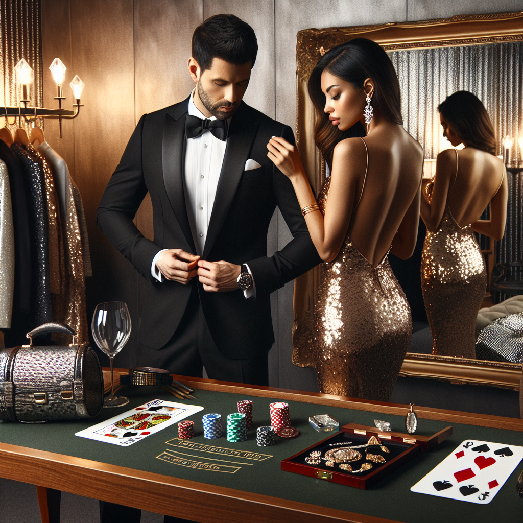 A style guide for an elegant Casino Night. The image should feature a man and a woman getting ready for the night. The man is of South Asian descent and the woman is Hispanic. He's suiting up in a svelte black tuxedo with a matching bow tie, while she's putting on a dazzling sequin dress in gold. The background is a lavishly furnished room with a full-length mirror reflecting their attire. On the wooden table, there's a set of sparkling jewelry and a stylish briefcase marked with playing card symbols adding to the Casino theme. Create a balanced composition that has elegance and flair.