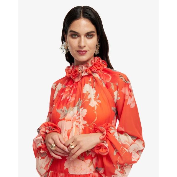 High collared handcrafted 3D floral neckline