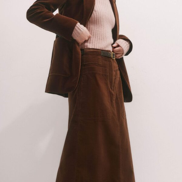 Me + Em A-Line Midi Skirt – luxury British Brown in Me and Em exclusively at Coveti