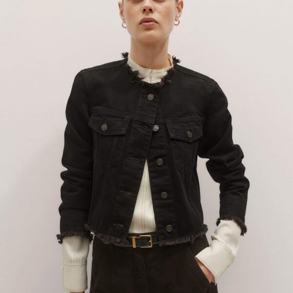 Me + Em Collarless Fray Jacket – luxury British Black in Me and Em exclusively at Coveti