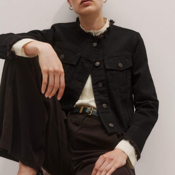 Me and Em Collarless Fray Jacket – luxury British Black in Me and Em exclusively at Coveti
