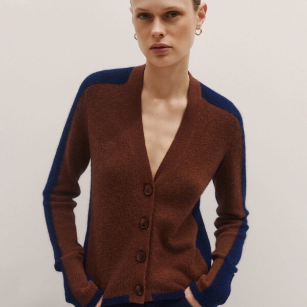 Me + Em Contrast Cardigan – luxury British Brown in Me and Em exclusively at Coveti